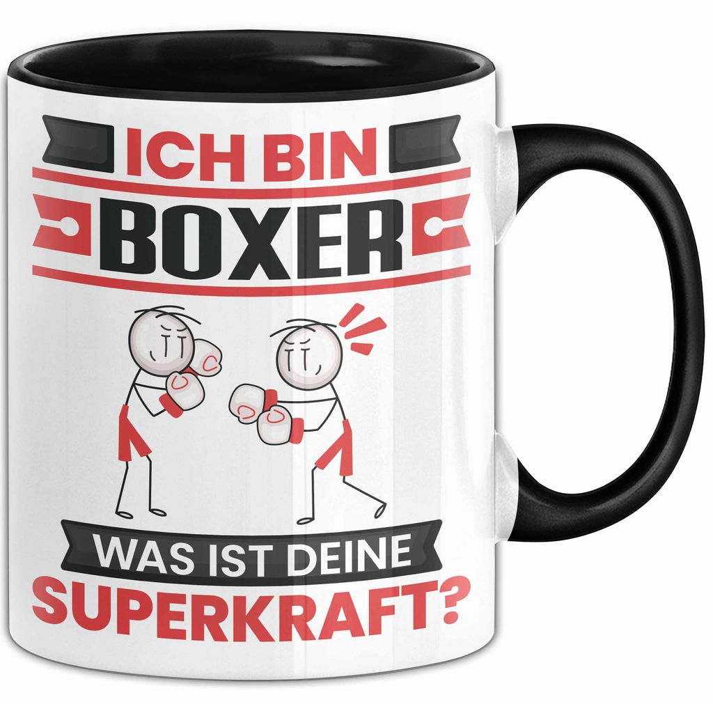 Boxer Tasse Geschenk für Boxer Geburtstag Lustiger Spruch Kaffee-Becher Was Ist Deine Superkraft (Schwarz)