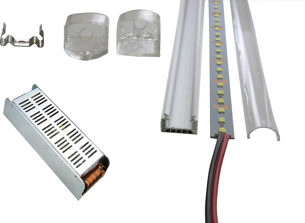 LED Streifen 1m Strip 72 SMD LEDs Warmweiß Kaltweiß Unterbaubeleuchtung Aluminium Profil Alu Leiste Schiene 1m 12V DC 25W Netzteil Adapter Trafo ...