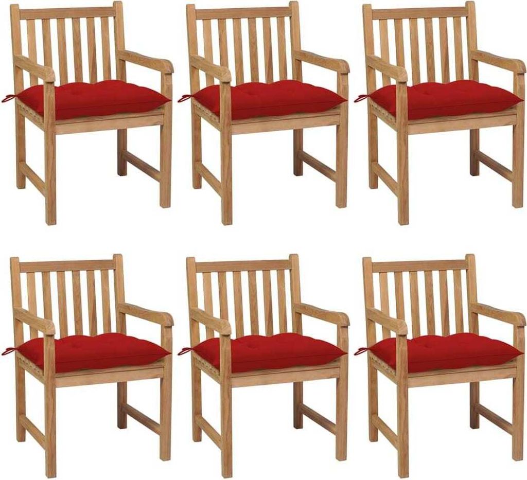 Cloris Designermöbel Gartenstühle 6er Set mit Roten Kissen Massivholz Teak 2024 Neu