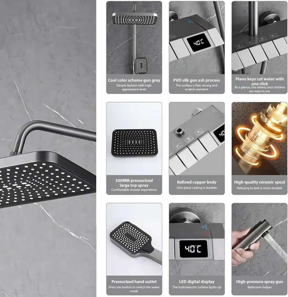 Douche affichage numérique intelligent bordeaux avec commandes piano Inox