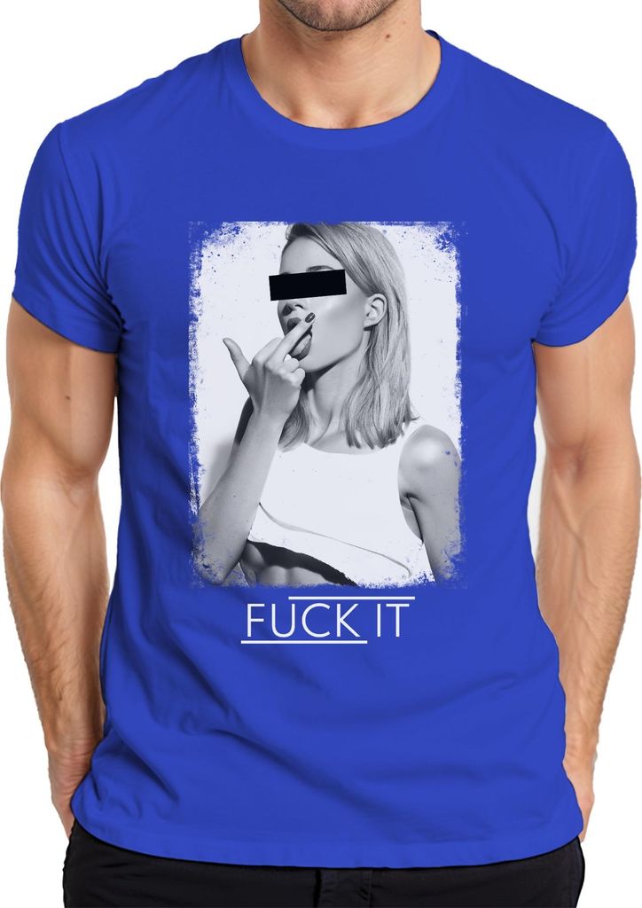 F*ck It Slogan Mittelfinger frech provokativ Statement Sarkasmus Herren T-Shirt, Blau, S