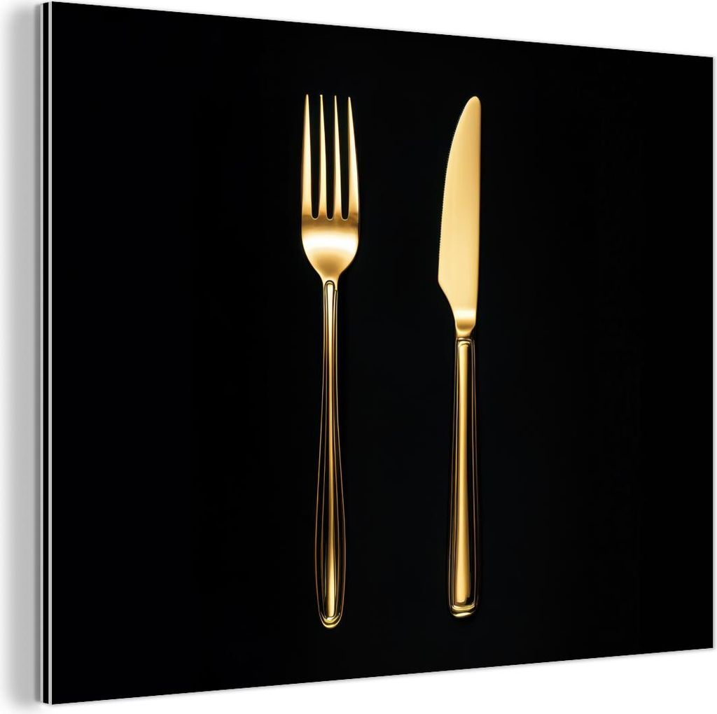 MuchoWow Wanddekoration Metall Metallbild Wandkunst 80x60 cm Besteck - Gold - Messer - Gabel MuchoWow Aluminium Gemälde - Alubild