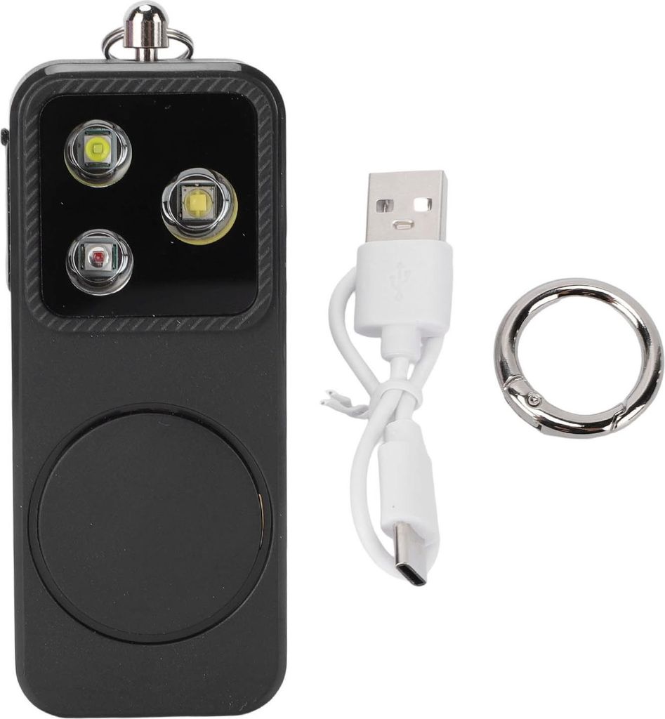 Sicherheitsalarm Licht für Frauen 4 Leuchtmodi USB wiederaufladbare Schlüsselanhänger Sirene Sicherheit LED-Licht für den Notfall schwarz