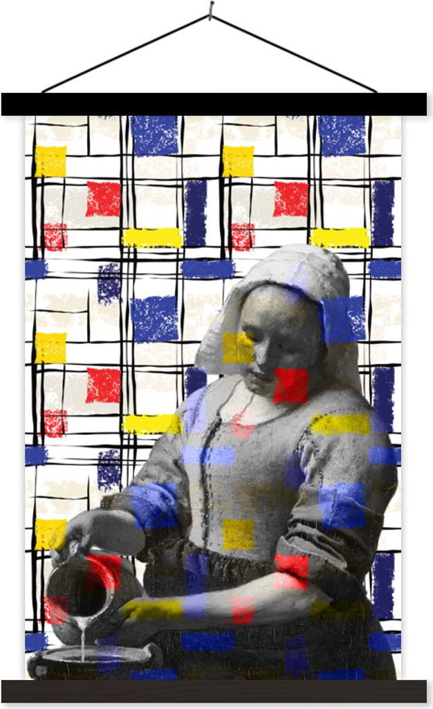 MuchoWow Textilposter Milchmädchen - Mondrian - Collage 60x90 cm mit schwarzem Rahmen - Poster Wohnzimmer