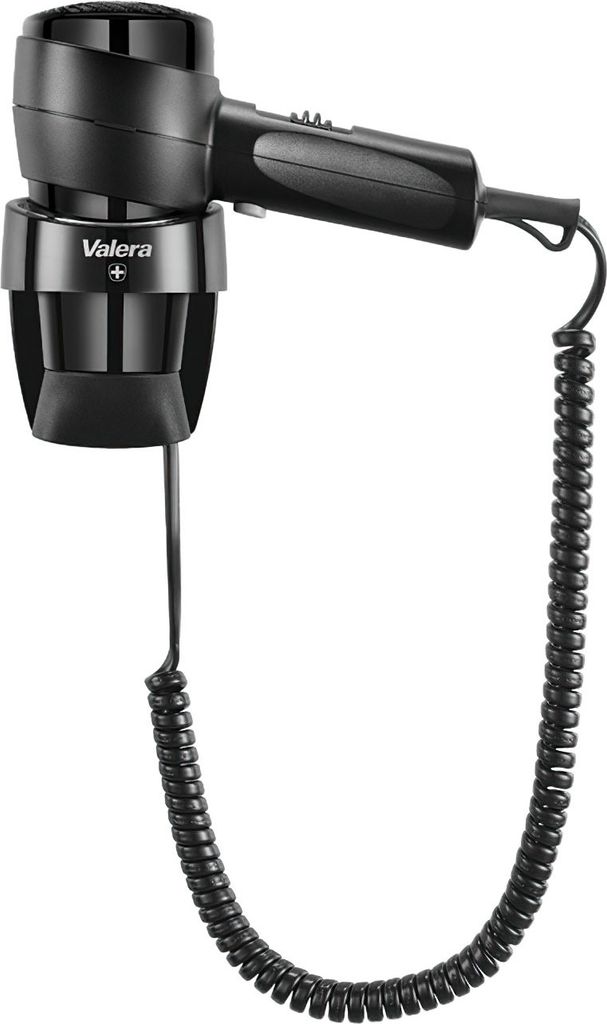 A black wall-mounted hairdryer with a coiled cord.