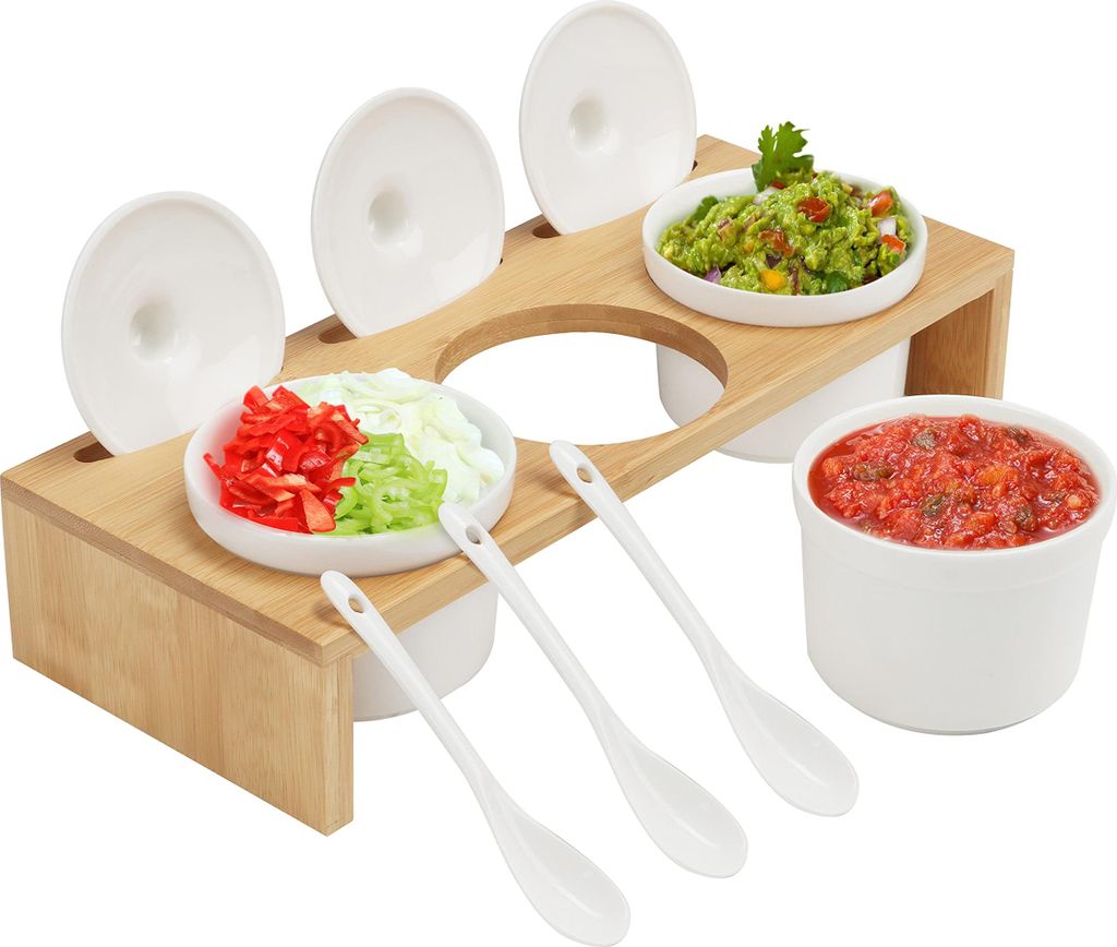 BELLE VOUS Servierschalen Set Porzellan mit Löffeln und Deckeln - 3 Servier Schälchen mit Bambus-Aufbewahrungsständer - Ideal für Soße, Dips, ...