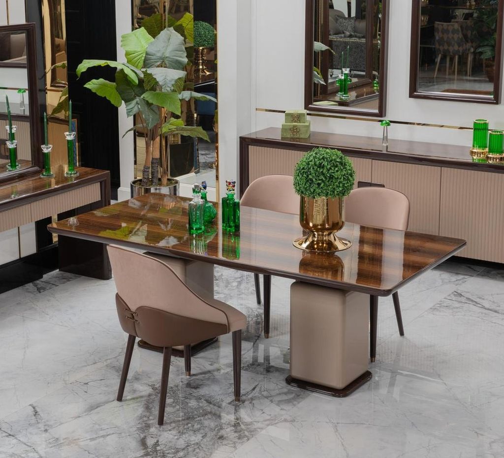 Moderne Küchengarnitur Designer Holz Esstisch 4x Textilstühle 5tlg
