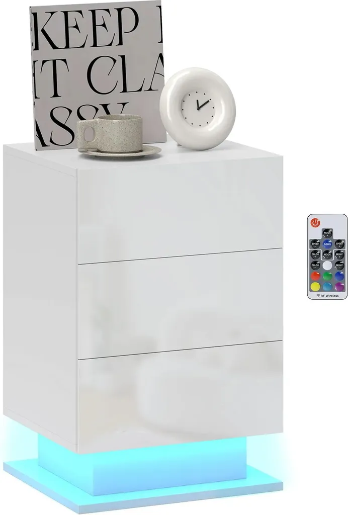 Table de Chevet LED RGB avec Télécommande et 3 Tiroirs Blanc Brillant