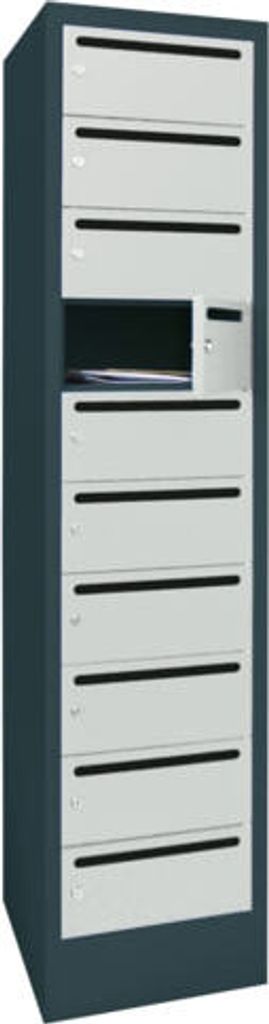 Postverteilerschrank, Schließfachschrank,1 Abteil a 300 mm,10 Fächer, 1.850 x 300 x 500 m (HxBxT), Korpus zinkgelb, Front rubinrot