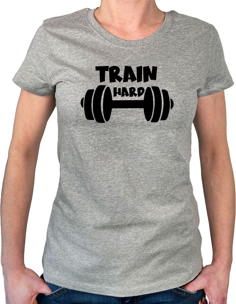 Huuraa Damen T-Shirt Train hard Hantel L Sport Grey Bio Baumwolle Fairtrade Damenshirt Geschenkidee