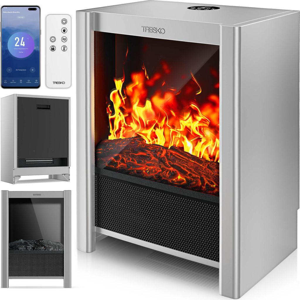 A collage of images showing an electric fireplace, its remote control, a smartphone app interface, and two different views of the fireplace unit.