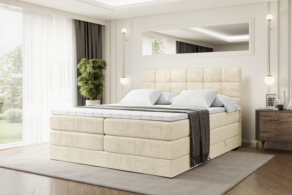 ALTDECOR Boxspringbett mit Matratze und Lattenrost - BRUGO KING - 200x200 cm - Beige Monolith - Topper, Polsterbett mit Bettkasten, Bett mit Staura...