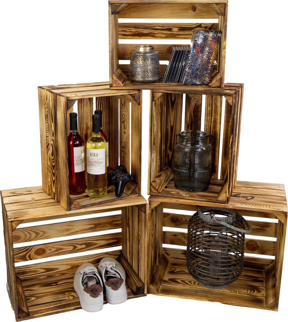 5er set Vintage Kisten geflammt 50x40x29cm & 40x30x25cm Deko & Möbelkisten Wohnwand Obstkisten Weinkisten Optik DIY Upcycling