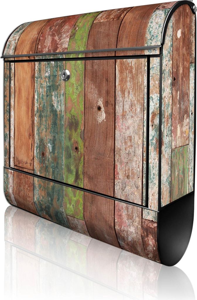 banjado Design Briefkasten Stahl schwarz mit Zeitungsfach pulverbeschichtet "Buntes Holz" 38x46x12,5cm & 2 Schlüssel - Postkasten A4 Einwurf inkl....
