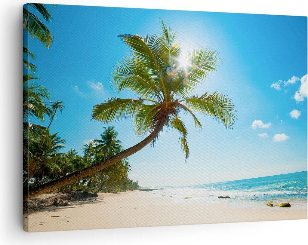 Bild auf Leinwand - Leinwandbild - Strand Palme Meer - 70x50cm - Wand Bild - Wanddeko - Wandbilder - Leinwanddruck - Bilder - Kunstdruck - Wanddeko...