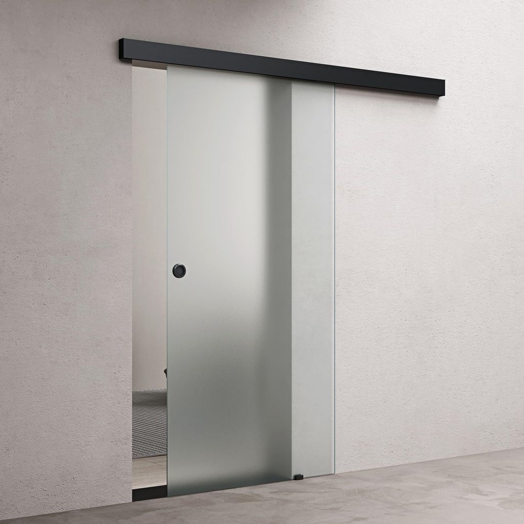 doporro Glasschiebetür komplettset 102,5 x 205cm Schiebetür mit ESG 25mm Wandabstand Zimmertür Glas Vollsatiniert mit Muschelgriff Schwarz