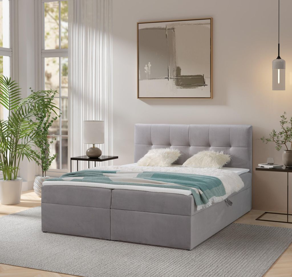 Ravio Boxspringbett Toronto 160x200 mit Bettkasten, Polsterbett mit Bonell Matratze & Topper – Luxus für dein Schlafzimmer, Amor Velvet - Grau