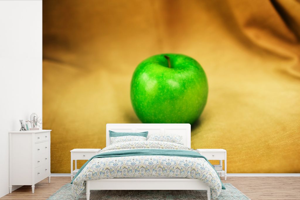MuchoWow Fototapete für Wohnzimmer oder Schlafzimmer Wandtapete Vinyl Motivtapete Grüner Apfel auf Baumwolle - 330x220 cm - Fototapeten