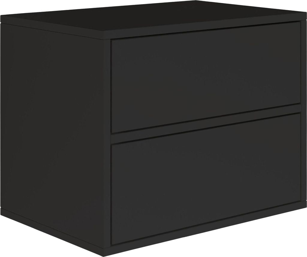 A black nightstand with two drawers is shown against a white background.