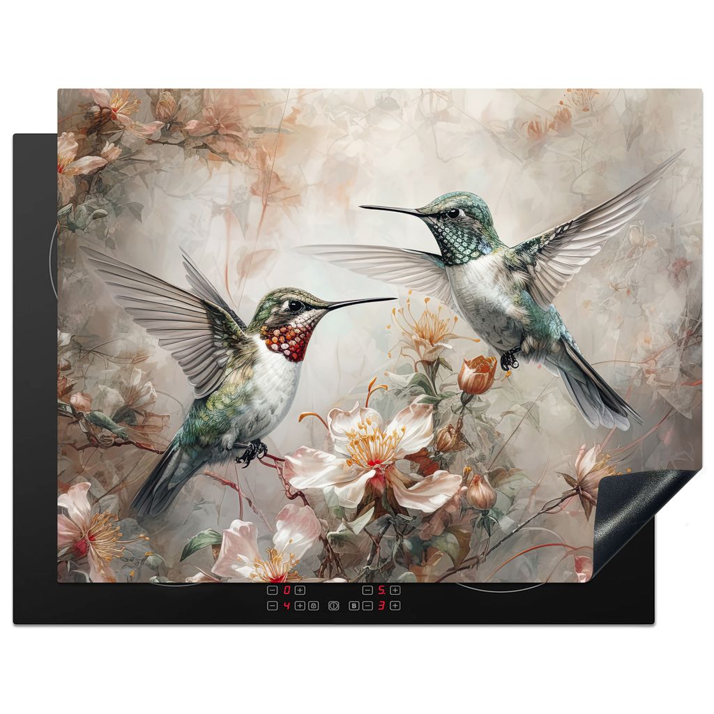 KitchenYeah Herdabdeckplatte Kolibri - Vögel - Blumen - Pflanzen , 77x59cm, Küche Deko, Glaskeramikkochfeld Herdabdeckung, Abdeckplatte fùr Ko...