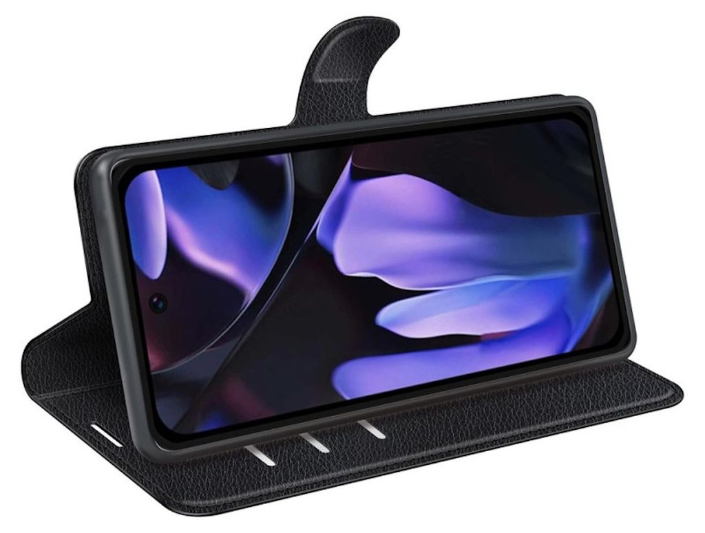 A black leather wallet case for a smartphone is shown in an open position, displaying the phone's screen.