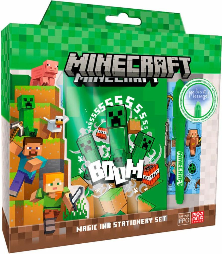 A Minecraft-themed stationery set packaging with characters and game elements.