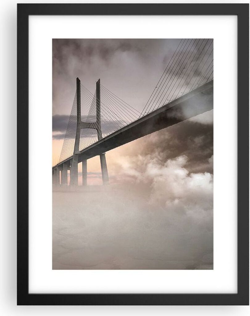 Gerahmtes Poster - Schwarzer Rahmen - Brücke Nebel Wasser - 30x40 cm - Wand Bild - Wanddeko - Wandbilder - Kunstposter - Wandposter - Bilderrahmen...