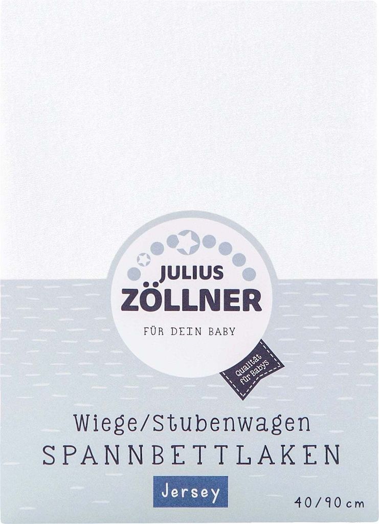 A product image for a baby crib sheet, featuring branding and product details.