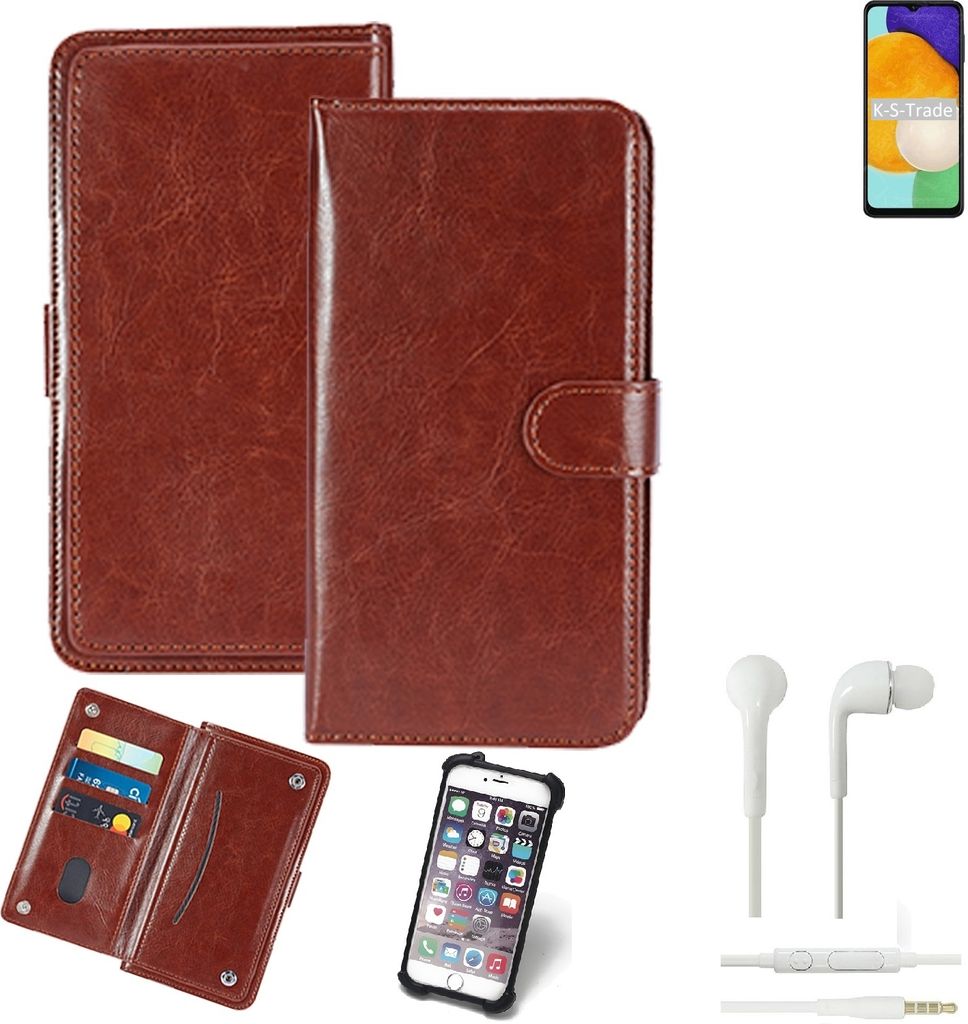 K-S-Trade 360° Hülle kompatibel mit Samsung Galaxy A13 5G inkl. Headphones braun Kunstleder Case BookCase WalletCase Kunstlederederhülle