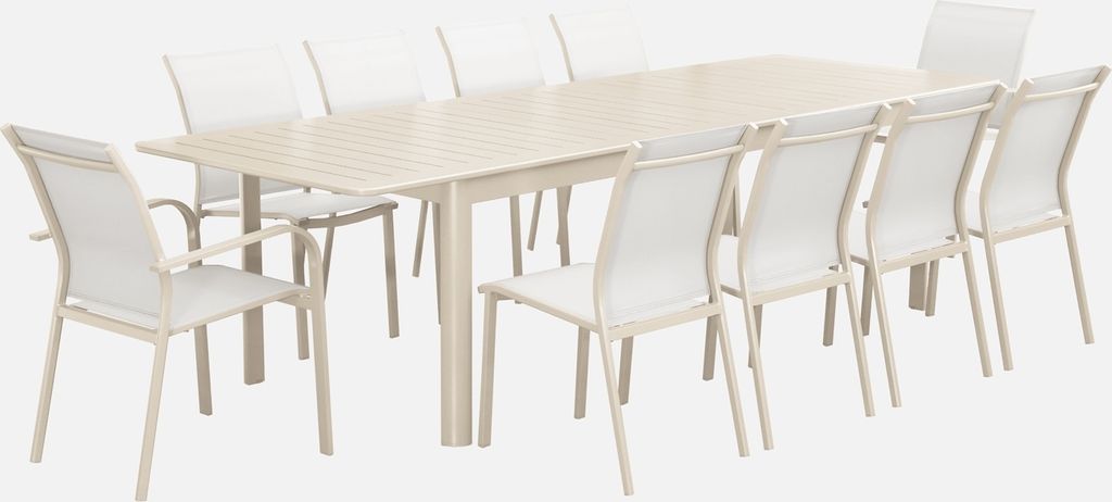sweeek - Ausziehbarer Gartentisch, 8 Stühle, 2 Sessel aus Aluminium und Textilene - Beige