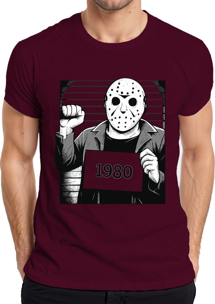 Horror Hockeymaske 1980 Slasher Polizeifoto Retro Vintage Grunge Herren T-Shirt, Burgundy, XL