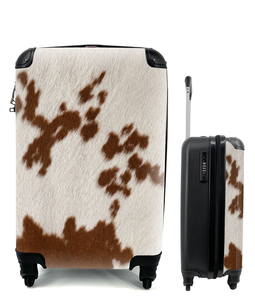 MuchoWow Koffer Handgepäck Trolley Rollkoffer Kleine Reisekoffer mit 4 Rollen - Rindsleder mit rot-orangen Tupfen - Cabin Size < 55x40x23 cm & 5...