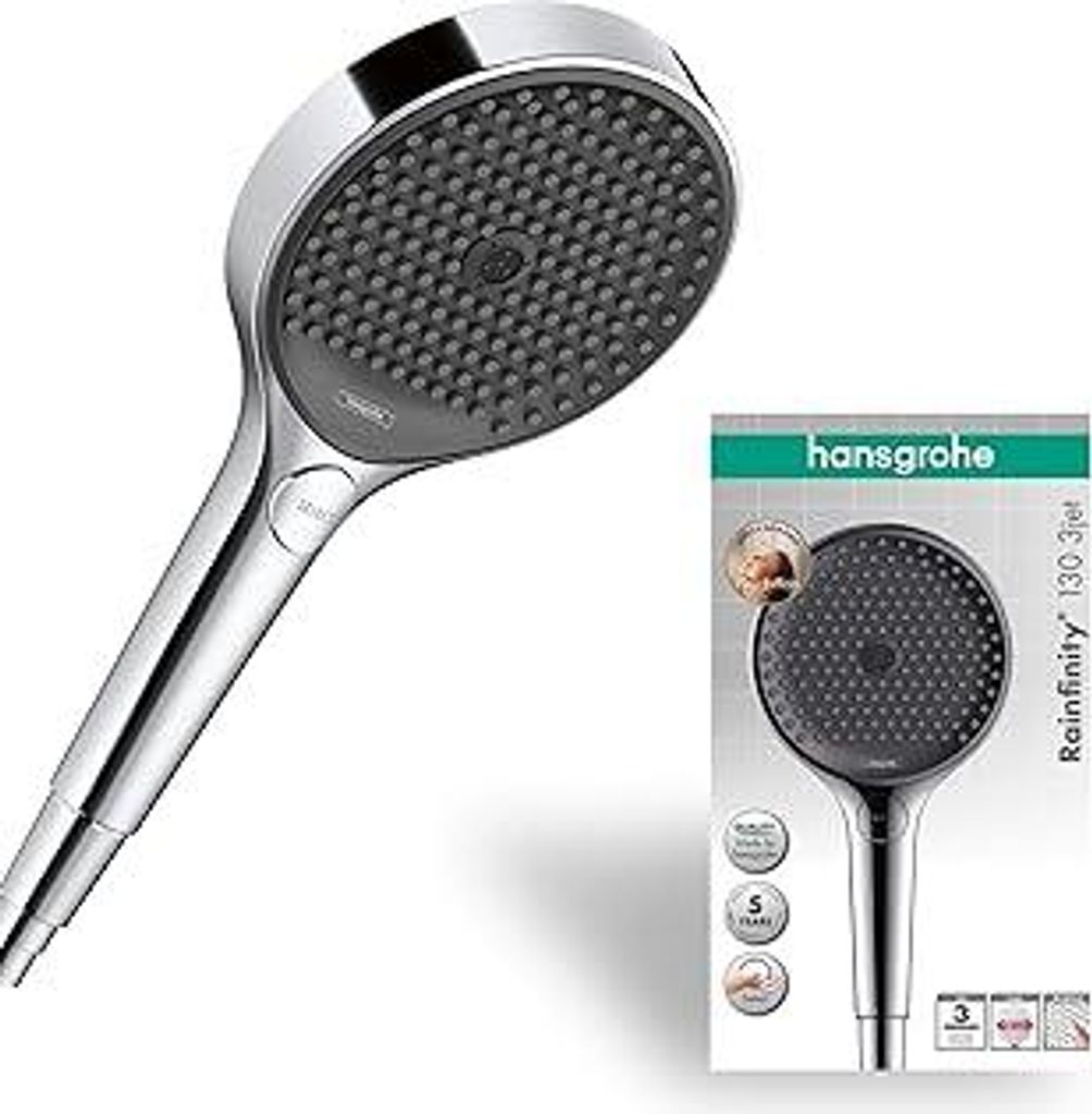 hansgrohe Rainfinity - Duschkopf, Handbrause mit 3 Strahlarten, runde Duschbrause (? 130 mm), Brausekopf mit Antikalk-Funktion, Chrom