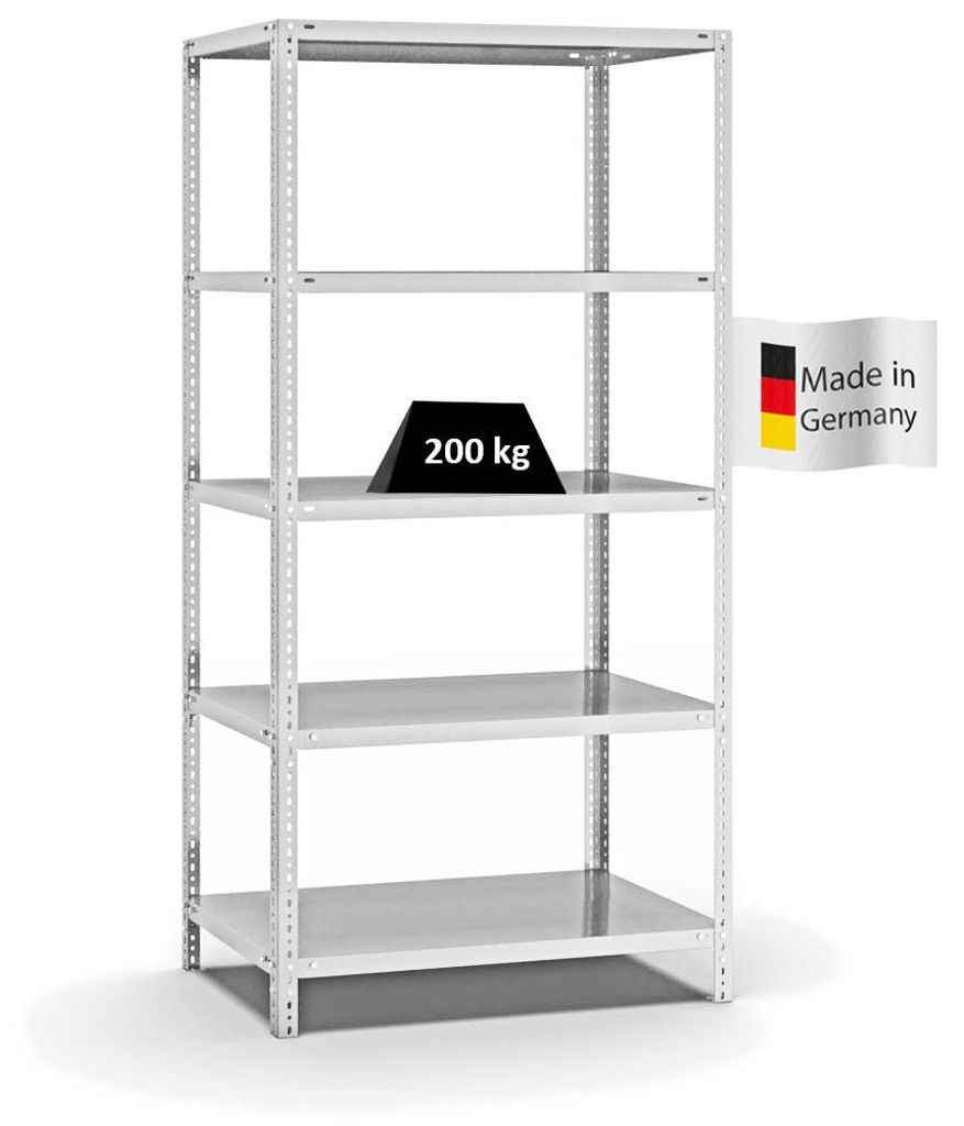 PROREGAL Fachbodenregal Schraubsystem MAGNUS Germany | HxBxT 200x100x60cm | 5 Ebenen | Fachlast 200 kg | Beidseitig nutzbar | Lichtgrau