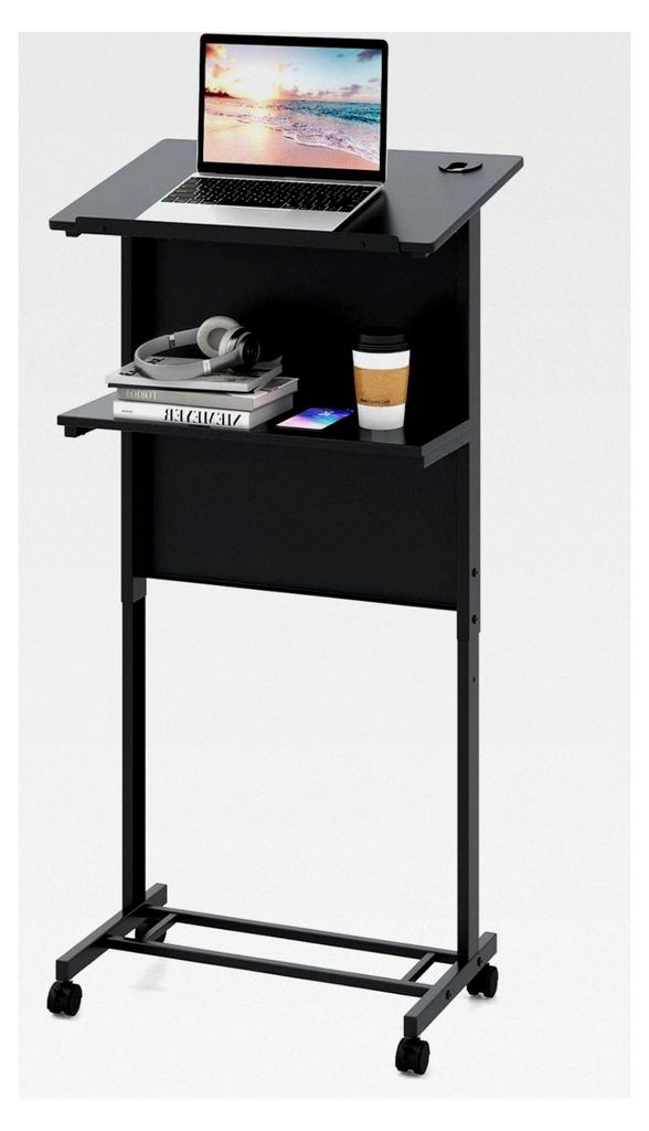 Höhenverstellbares Stehpult, mobiler Steh-Sitz Schreibtisch mit Rollen, geneigte Tischplatte und Ablagefläche, Laptoptisch für Zuhause und Büro...