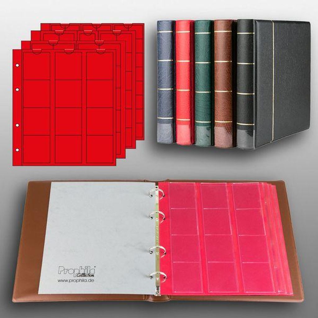 Prophila Collection Münz-Album mit 4 Hüllen (rote Zwischenblätter) für 110 Münzen braun