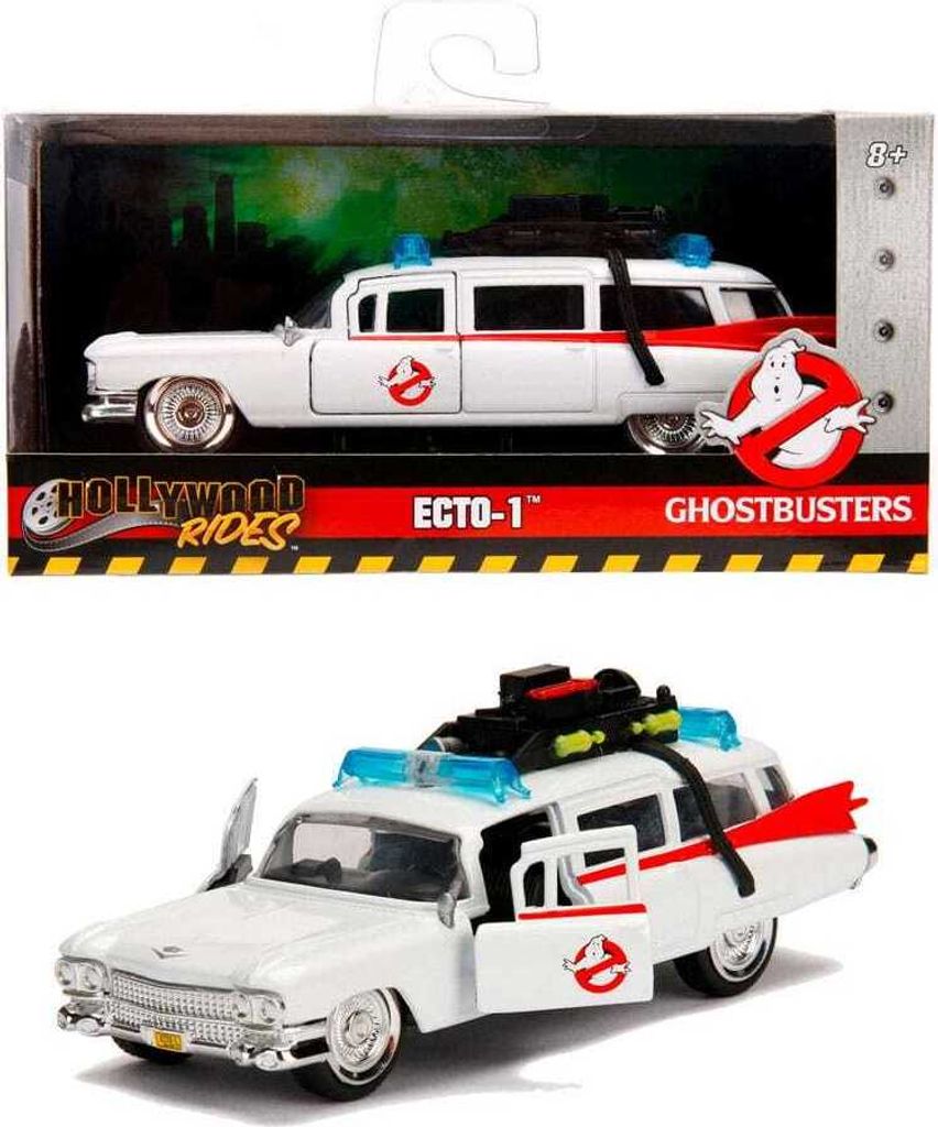A toy model of the Ecto-1 car from Ghostbusters, shown in its packaging and also outside of the packaging.