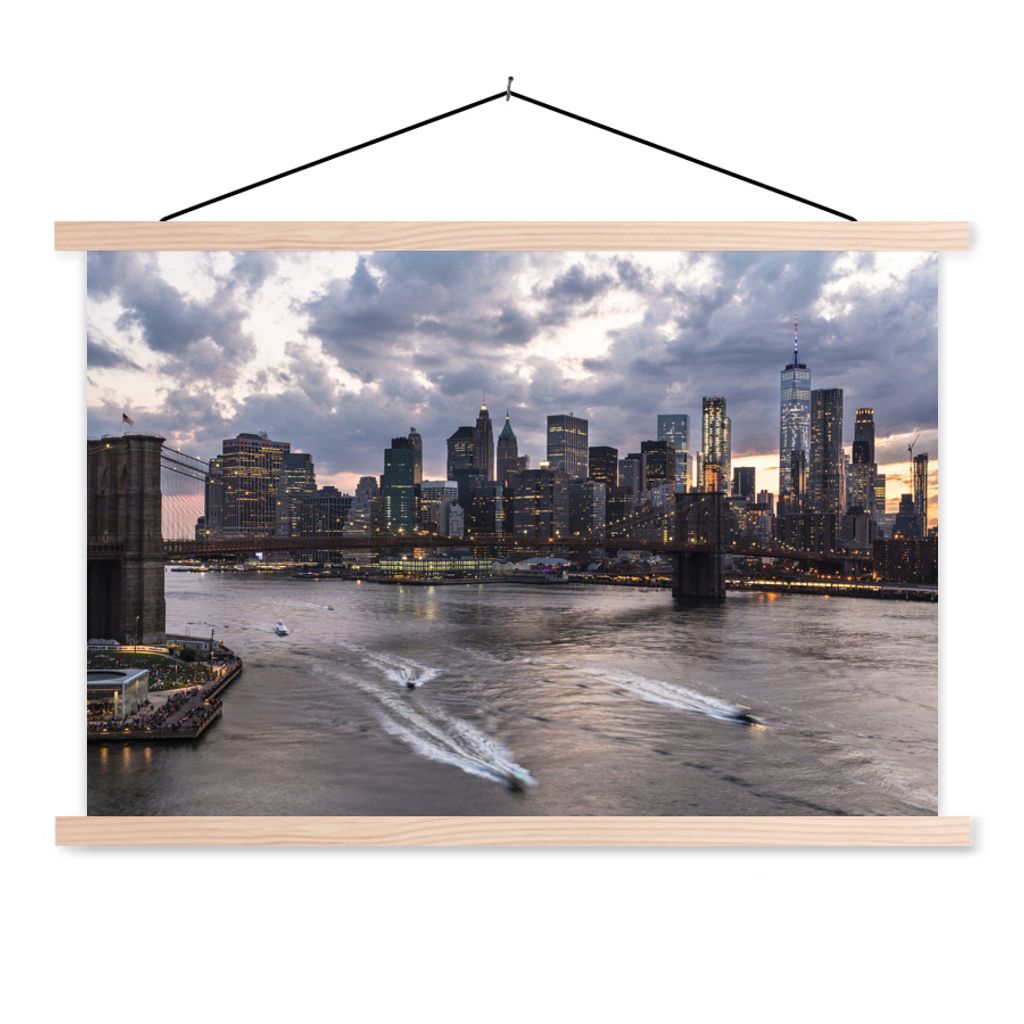 MuchoWow Textilposter New York - Brooklyn Bridge - Manhattan 120x80 cm mit holzfarbenen Rahmen - Aufhängeset