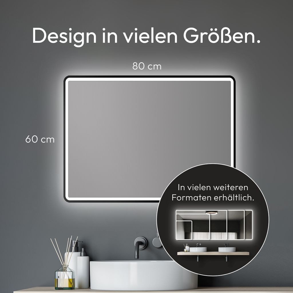 LED Badspiegel TALOS 80x60 cm - feuchtraum geeigneter Badezimmerspiegel mit Beleuchtung matt schwarzer Aluminiumrahmen Wandspiegel Lichtumrahmung