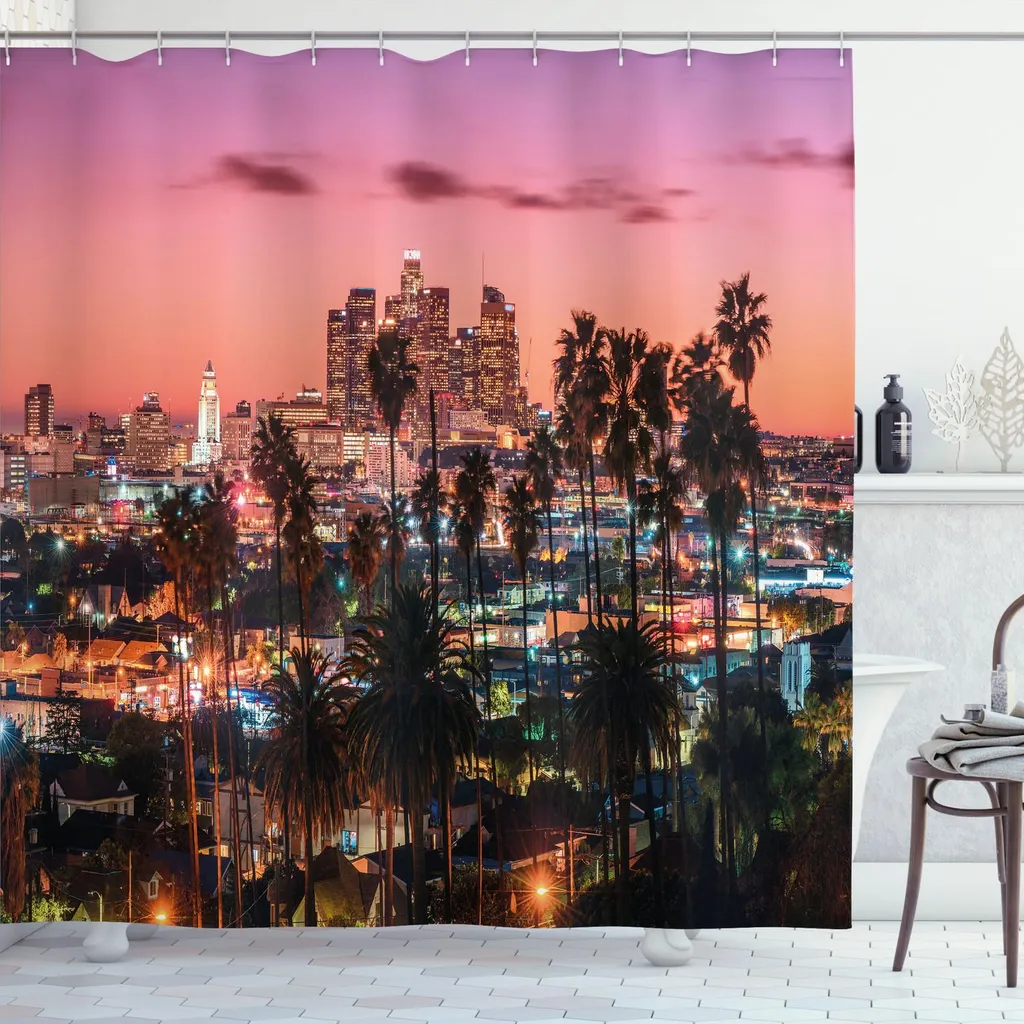ABAKUHAUS Stati Uniti Tenda da doccia, Paesaggio vibrante al tramonto-crepuscolo Famosa città di Los Angeles con palme, 175 x 240 cm, Multicolore