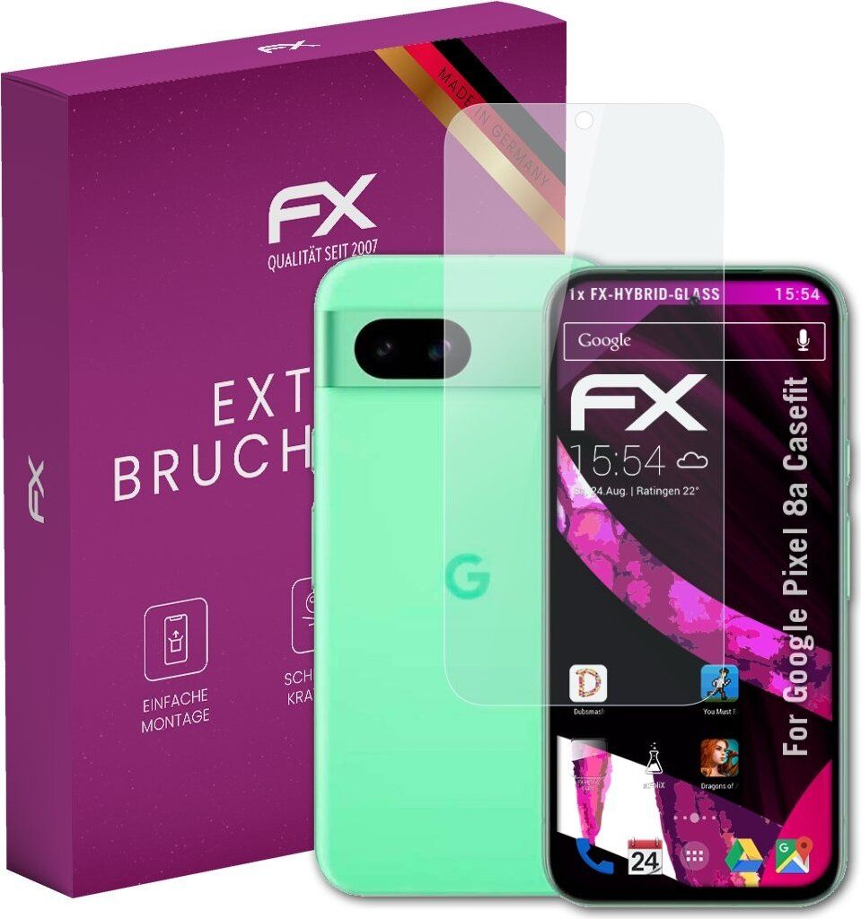atFoliX FX-Hybrid-Glass Displayfolie kompatibel mit Google Pixel 8a (Casefit) Glasfolie