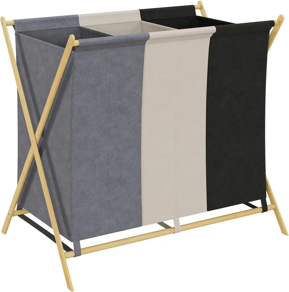 Trieur de linge 3 bacs en bambou 129 litres sac amovible et pliable