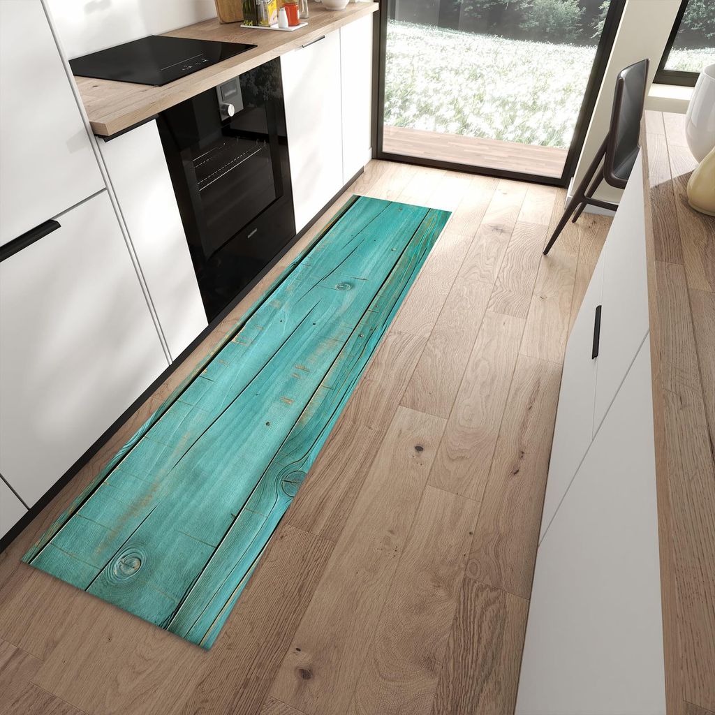 Küchenteppich 60x240cm rutschfest & abwischbar PVC Läufer - Holzplanken Türkis
