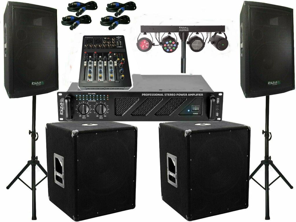 Das Komplett Set 14 DJ 25 cm Boxen Stativ 38 cm Subwoofer Musiker 3000 W Light Bar