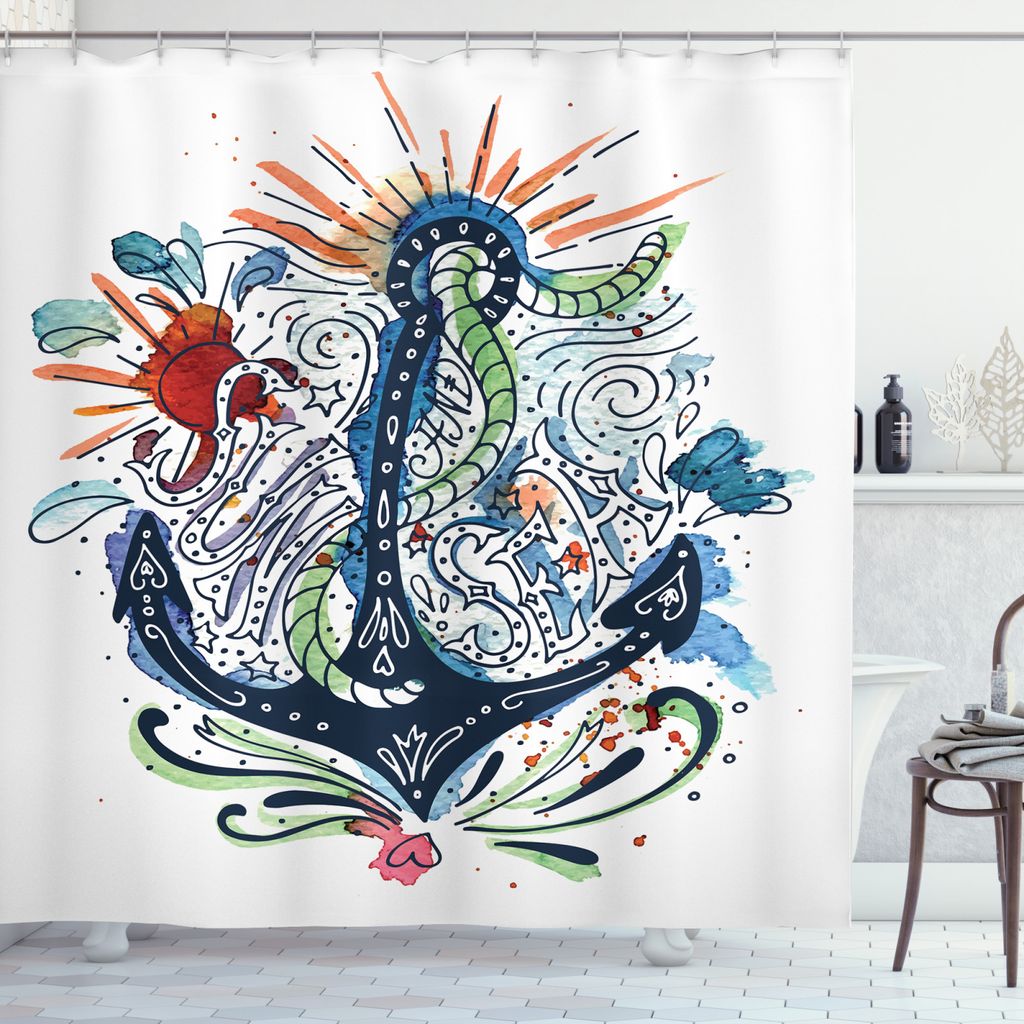 ABAKUHAUS Bunt Duschvorhang, Schiffsanker mit Sun, Wasser Blickdicht inkl.12 Ringe Langhaltig Bakterie und Schimmel Resistent, 175 x 240 cm, Mehrfa...