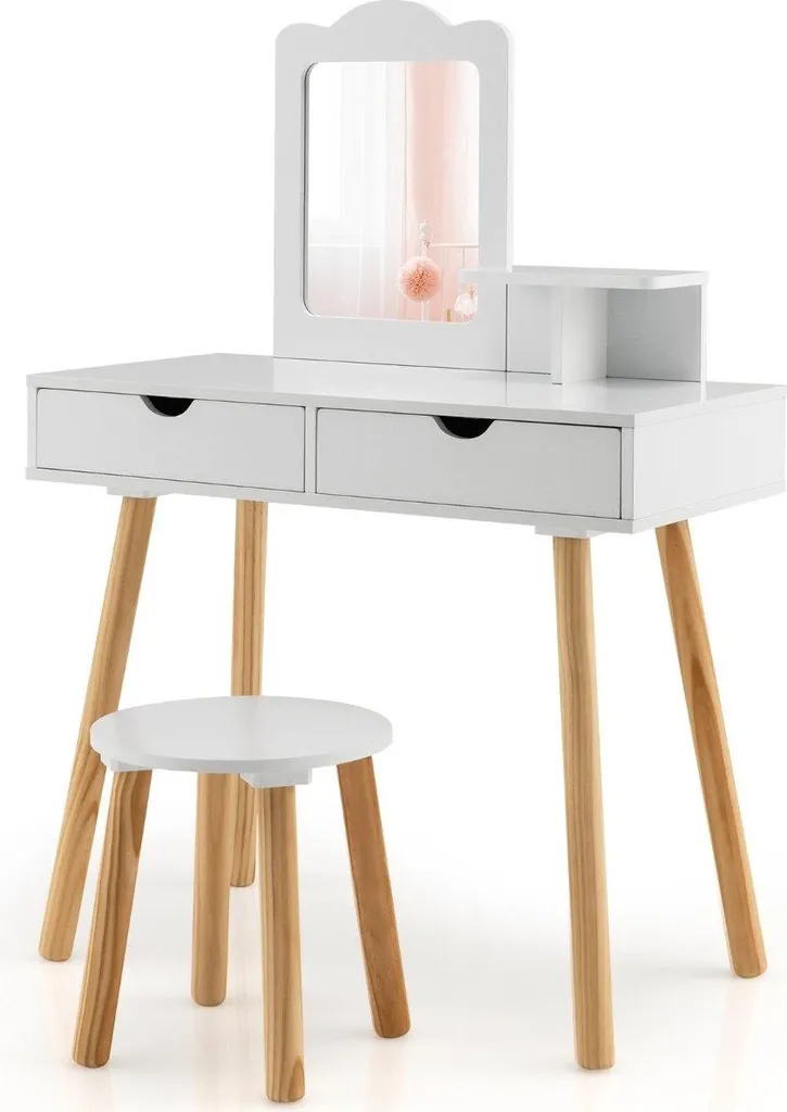 Coiffeuse enfant blanche avec miroir amovible et tabouret de maquillage