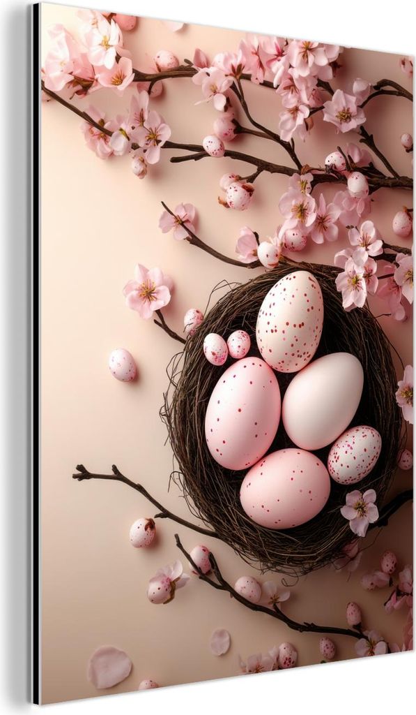 MuchoWow Wanddekoration Metall Metallbild Wandkunst 30x40 cm Rosa - Blüten - Eier MuchoWow Aluminium Gemälde - Bilder