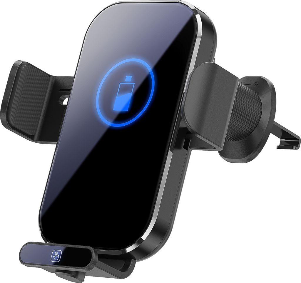 A black wireless car charger with a blue charging indicator light.