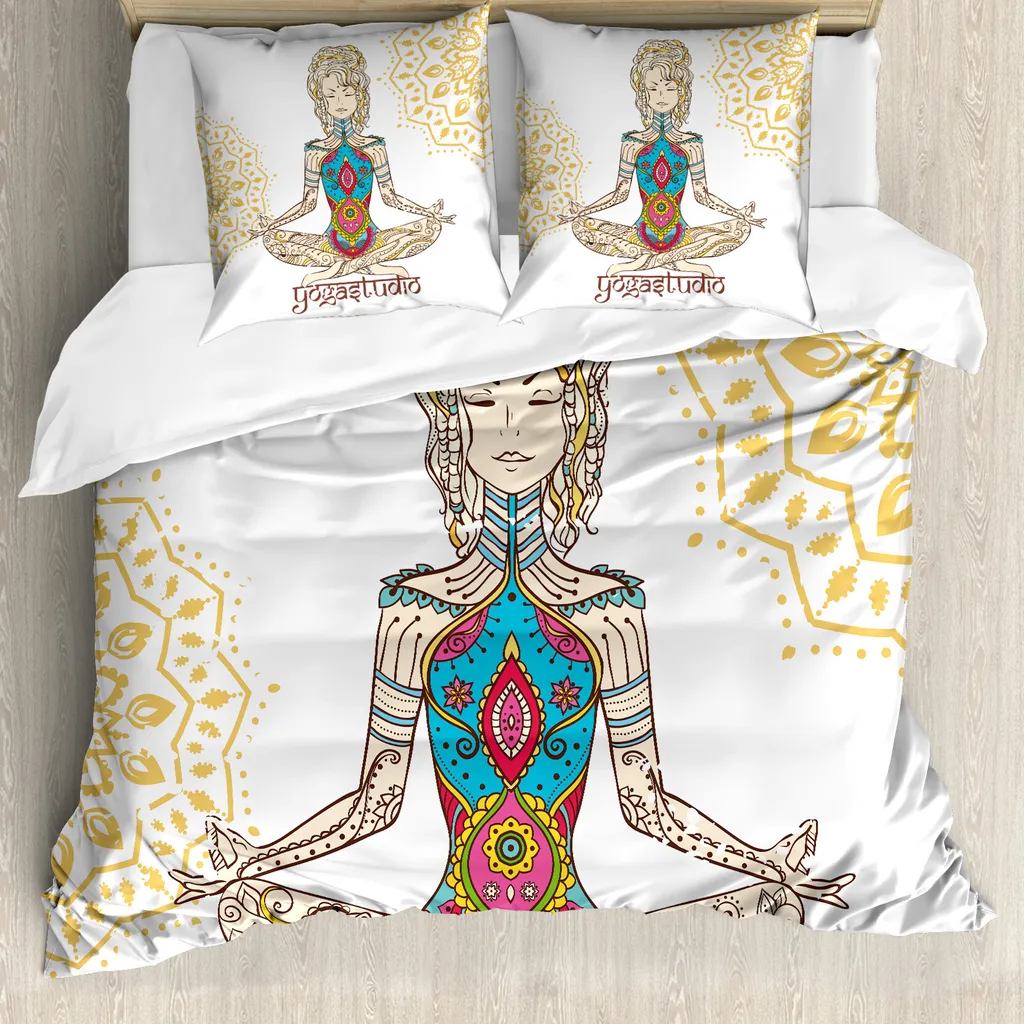 ABAKUHAUS Copripiumino Chakra, Ragazza che medita Mandala, Antiacaro Adatto a chi soffre di allergie con federe, 200 cm x 200 cm - 80 x 80 cm, Multicolore