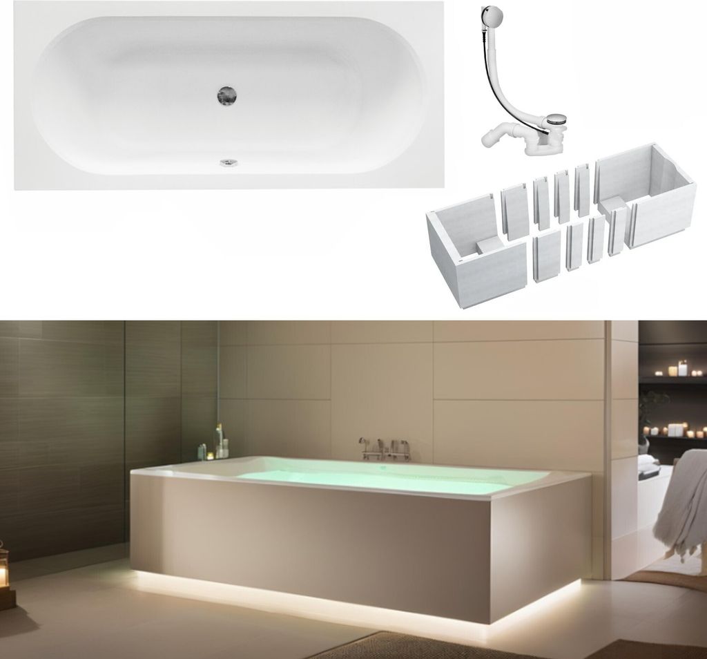 VBChome Badewanne 180 x 80 cm Weiß Acryl Wannenträger Platz für LED-Beleuchtung Styroporträger Siphon Wanne Rechteck Modern Ablaufgarnitur in C...
